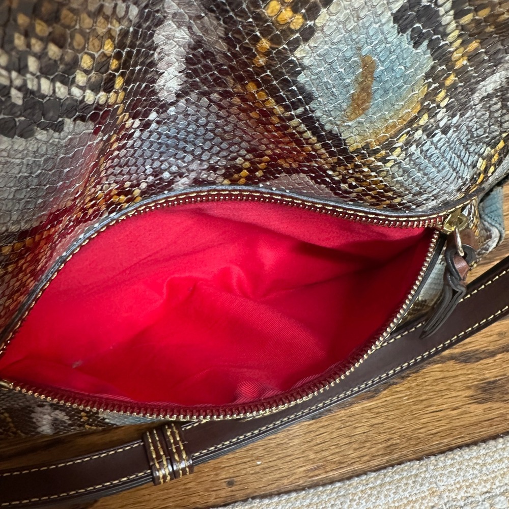Dooney & Bourke Python Leather Shoulder Brown Blue Snakeskin Bag Red Lining - Picture 12 of 12